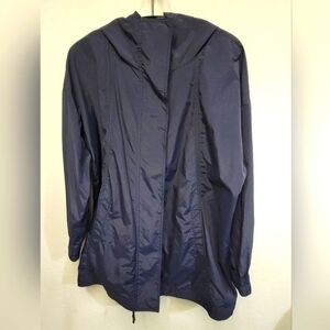 Eileen Fisher Womens Blue Hooded Lightweight Windbreaker Rain Coat Size Large